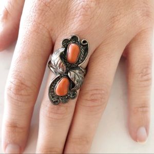 Vintage Sterling Silver and Coral Ring size 9.5
